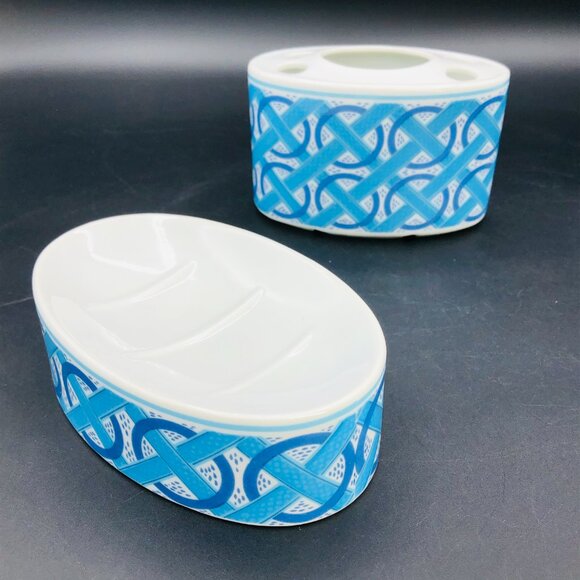 Vintage Japan Porcelain Bathroom Accessory SET - Toothbrush Holder - Soap Dish - Picture 2 of 10